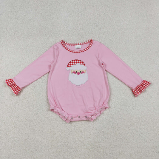 LR1733 Baby Girls Pink Embroidery Santa Long Sleeve Christmas Ruffle Rompers