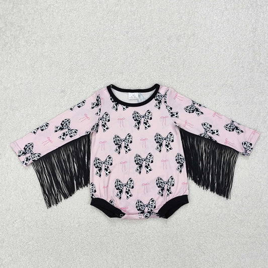 LR1824 baby girls pink cow bows fringe long sleeve rompers