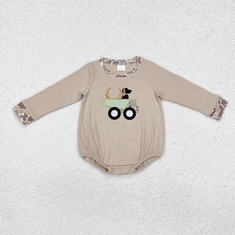 LR1825 baby boys dog deer hunting embroidery long sleeve rompers