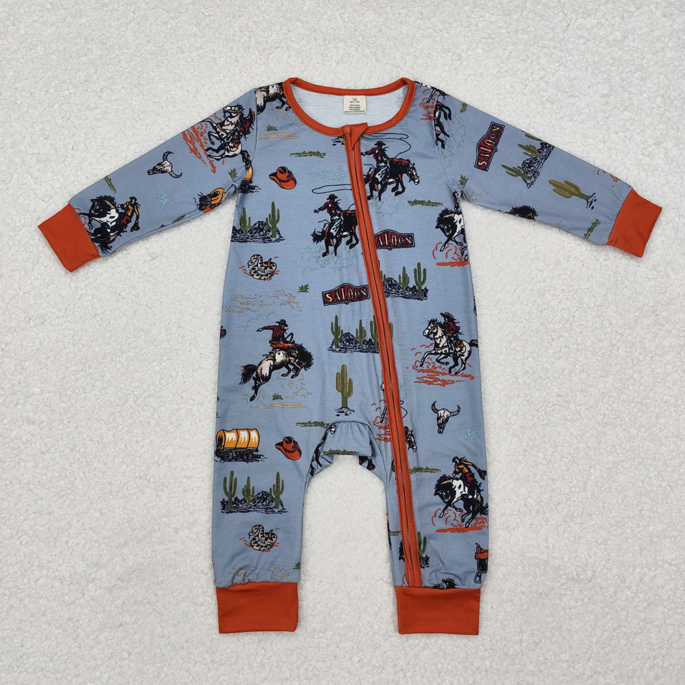 LR1858 Bamboo baby boys clothes rodeo long sleeve zip rompers