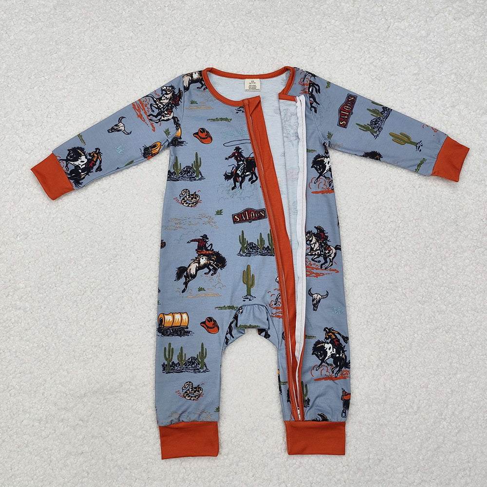 LR1858 Bamboo baby boys clothes rodeo long sleeve zip rompers