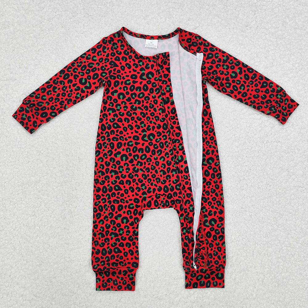 LR1962 baby girls red leopard zip long sleeve rompers