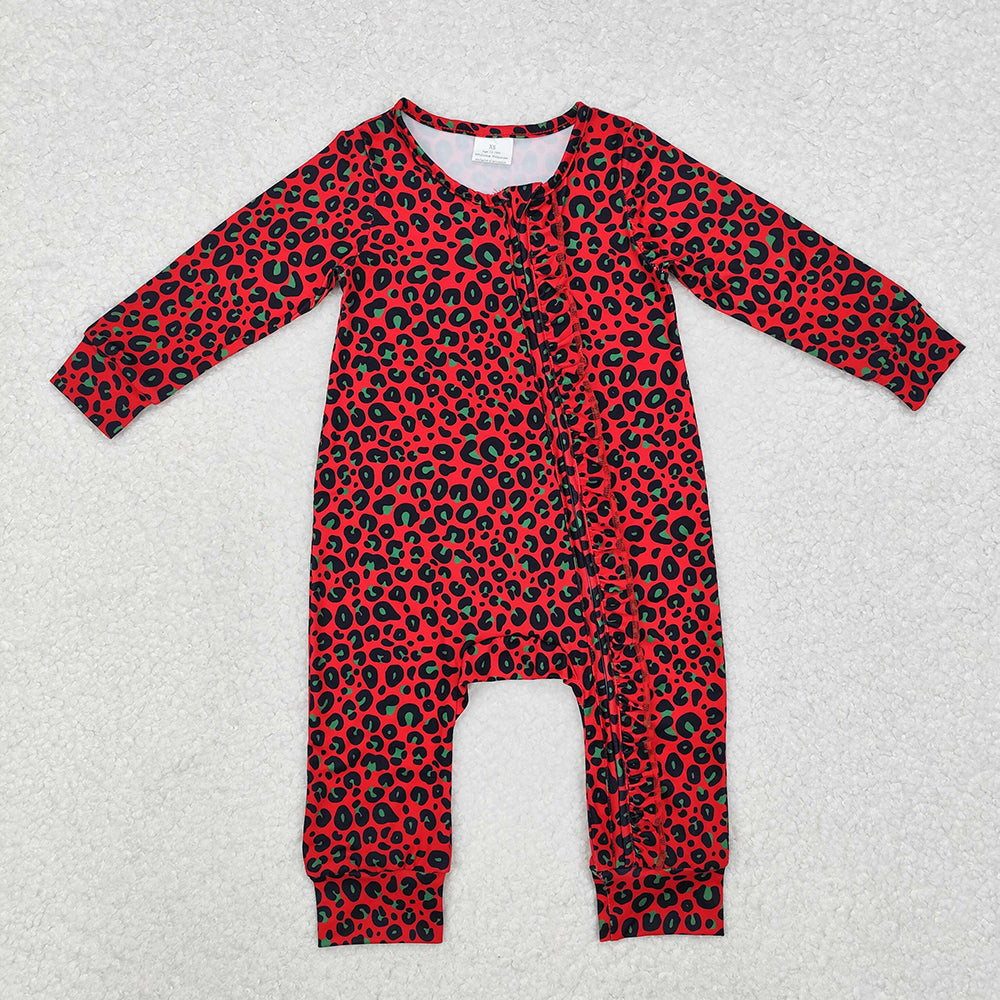 LR1962 baby girls red leopard zip long sleeve rompers