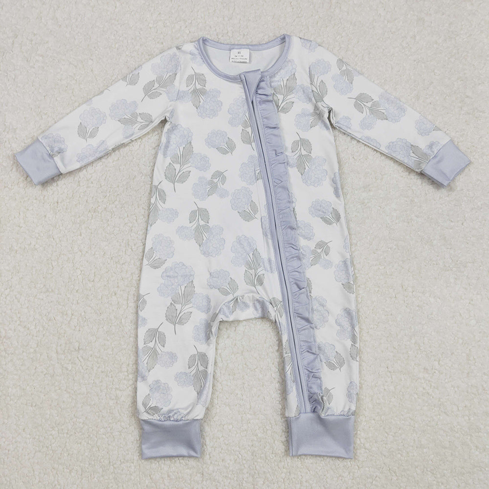 LR2157 baby girls blue flowers zip rompers