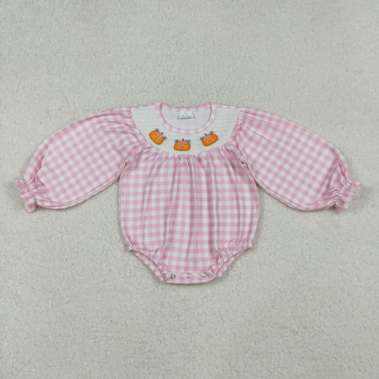 LR2181 Smocked Baby Girls Pink Checked Pumpkins Fall Ruffle Rompers