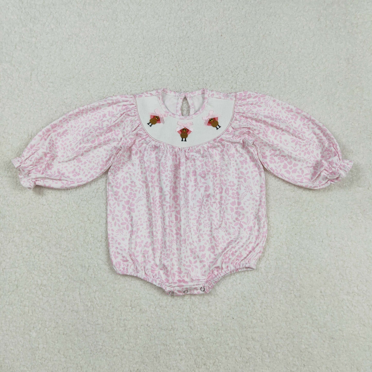 LR2184 Baby Girls Pink Flowers Embroidery Turkey Bows Thanksgiving Ruffle Rompers