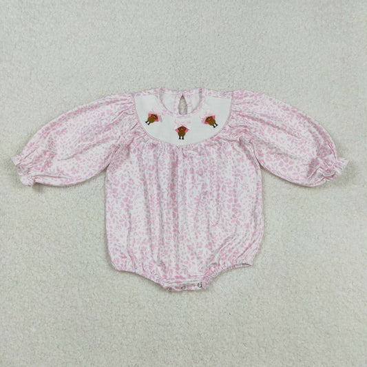 LR2184 Baby Girls Pink Flowers Embroidery Turkey Bows Thanksgiving Ruffle Rompers