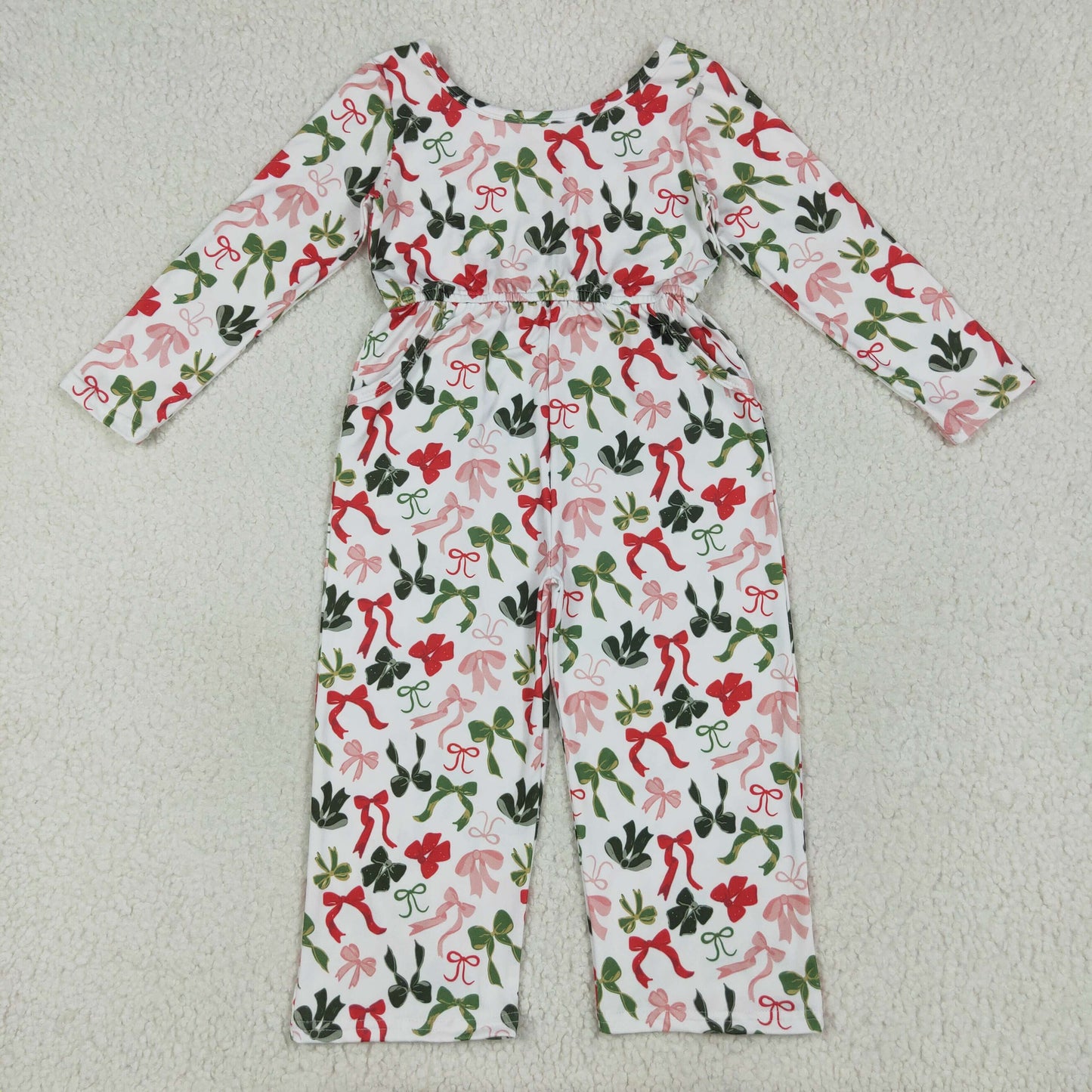 Sibling Baby Girls Christmas Green Red Bows Pockets Jumpsuits Knee Length Dress
