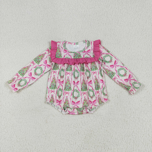 LR2202 baby girls Christmas pink bows long sleeve rompers