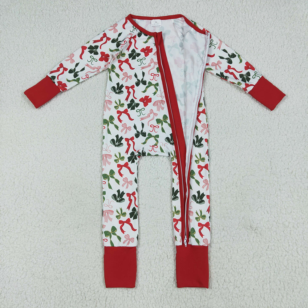 LR2203 baby girls Christmas green red bows footie zip rompers