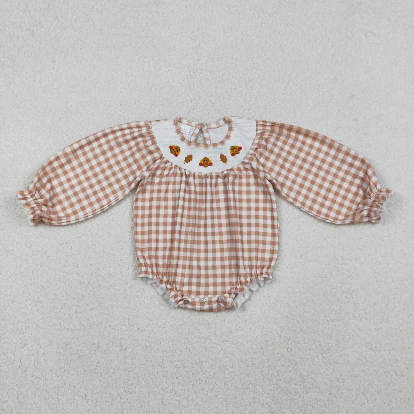 LR2205 Smocked Baby Girls Thanksgiving Turkey Leaves Ruffle Rompers