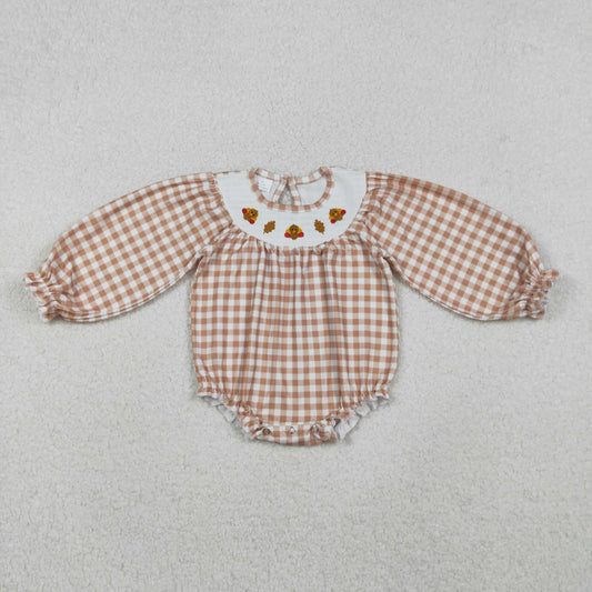 LR2205 Smocked Baby Girls Thanksgiving Turkey Leaves Ruffle Rompers