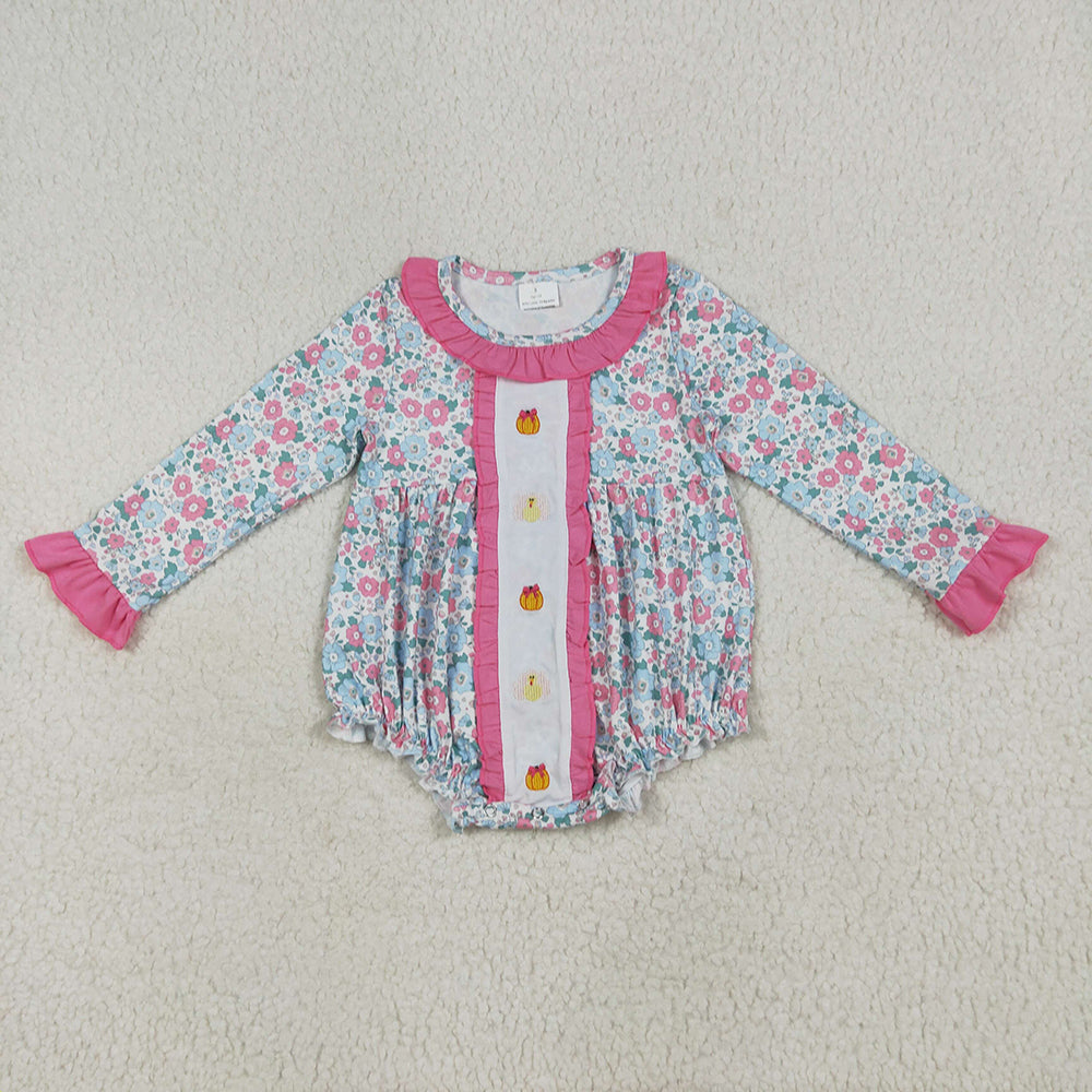 LR2219 baby girls floral thanksgiving turkey embroidery rompers