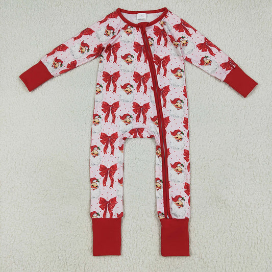 LR2223 baby girls Christmas santa bows footie zip rompers