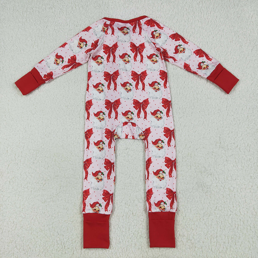 LR2223 baby girls Christmas santa bows footie zip rompers