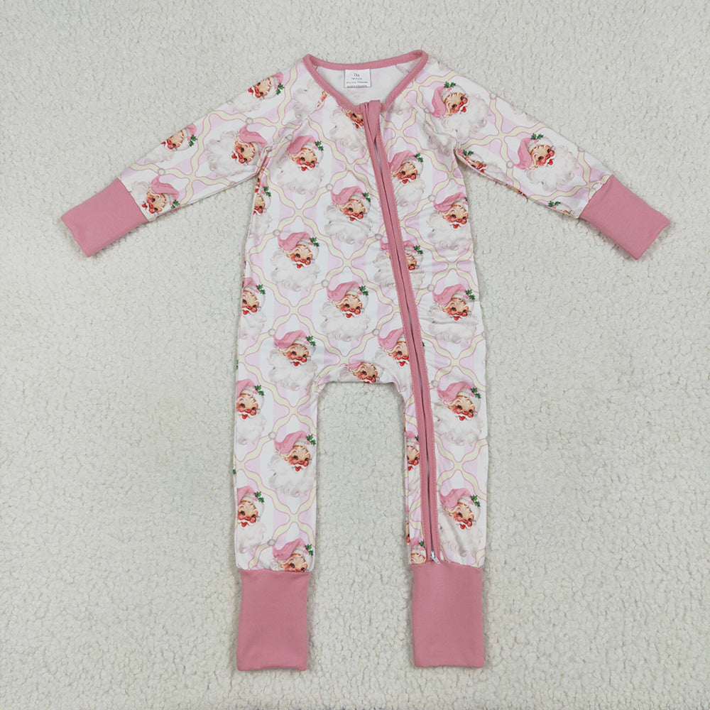 LR2224 baby girls Christmas pink santa footie zip rompers