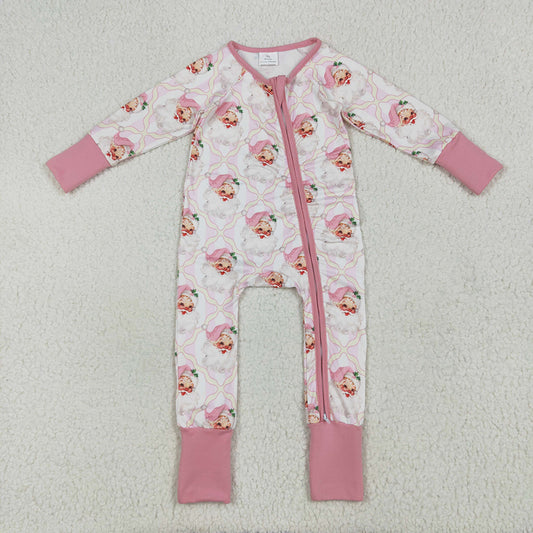 LR2224 baby girls Christmas pink santa footie zip rompers