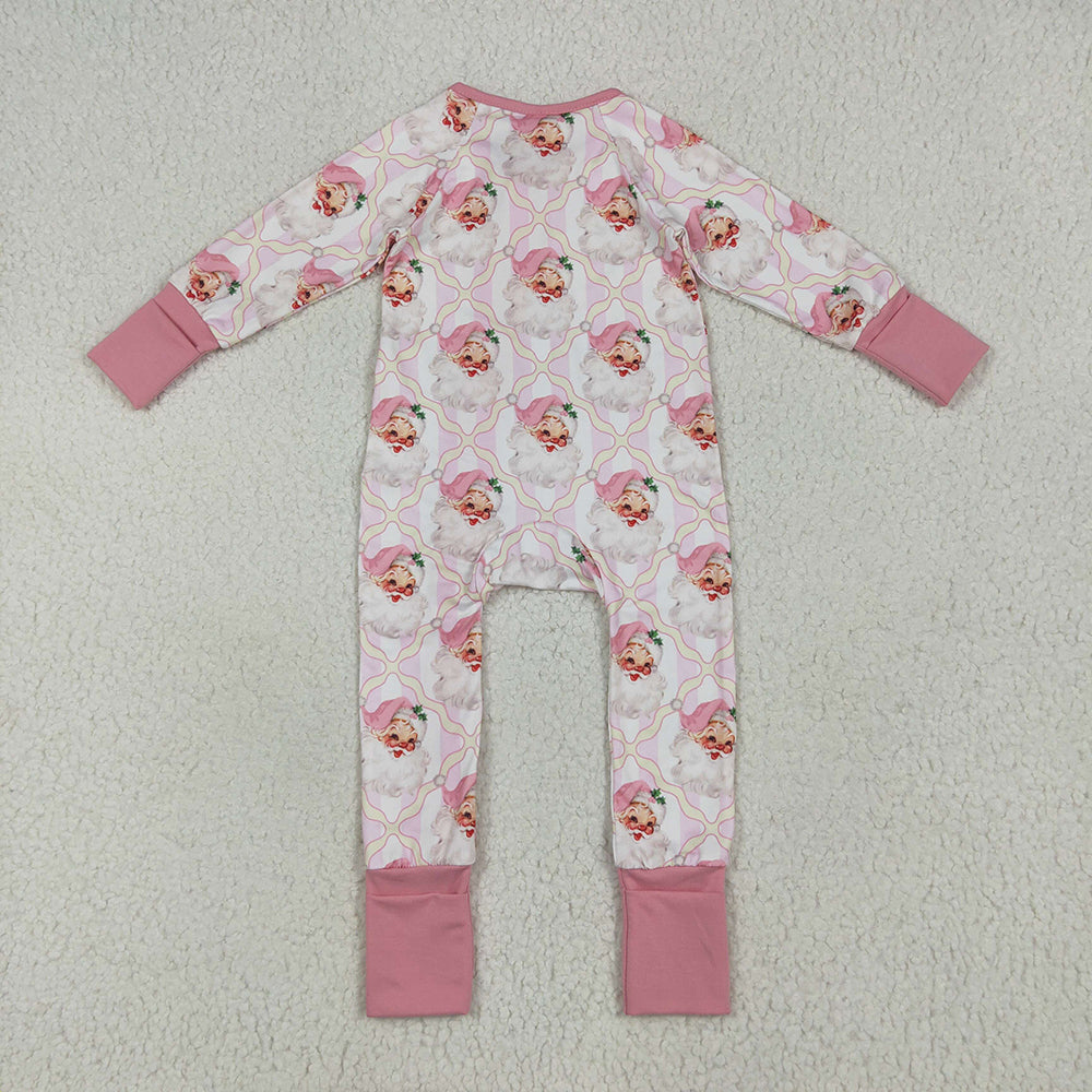 LR2224 baby girls Christmas pink santa footie zip rompers