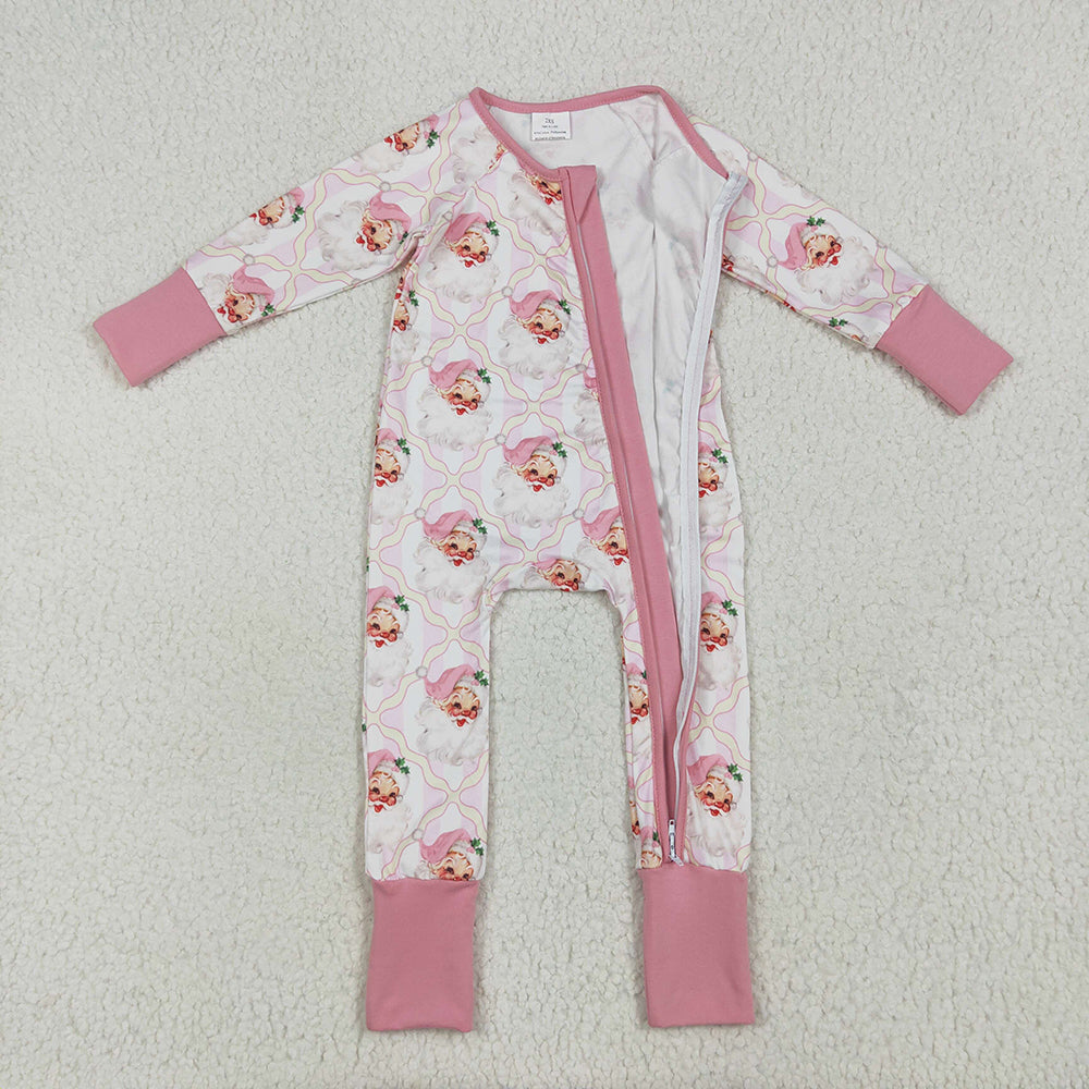 LR2224 baby girls Christmas pink santa footie zip rompers