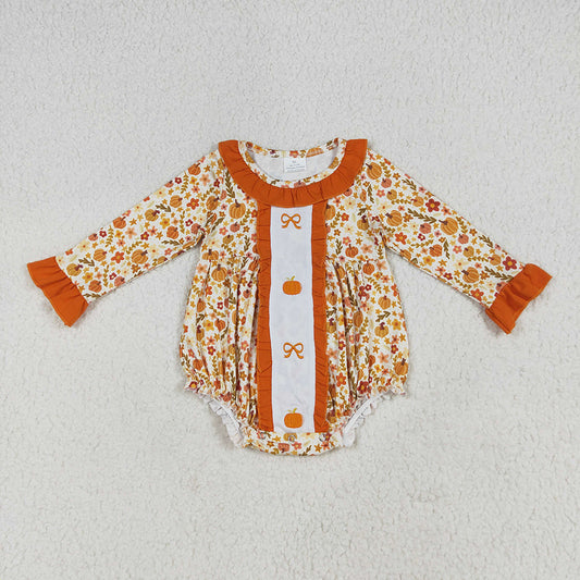LR2228 baby girls floral pumpkins embroidery long sleeve rompers