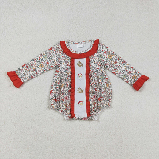 LR2232 Baby Girls Flowers Embroidery Santa Cookie Christmas Ruffle Collar Rompers