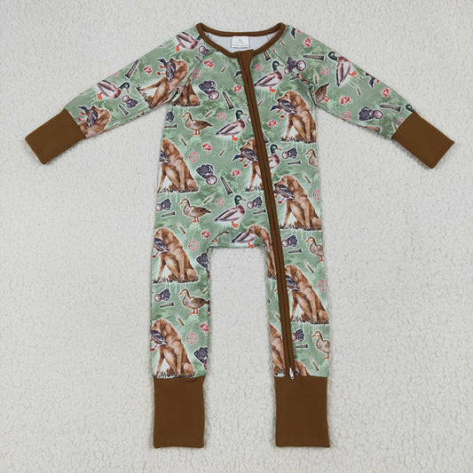 LR2234 baby boys green dog ducks hunting footie zip rompers