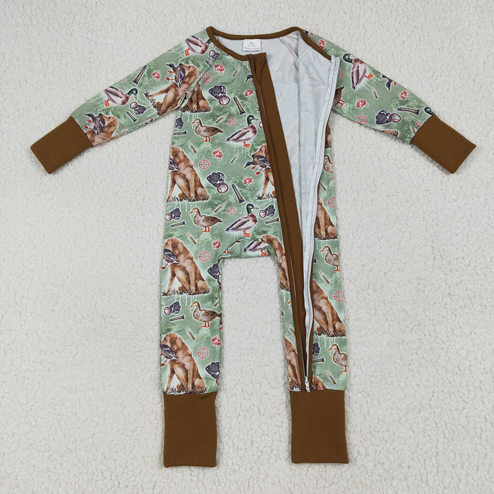LR2234 baby boys green dog ducks hunting footie zip rompers