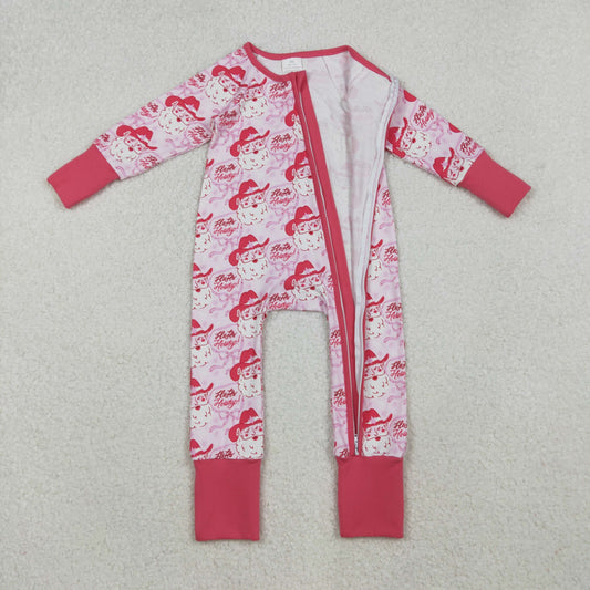 LR2243 Baby Girls Pink Santa Howdy Christmas Western Zipper Footed Rompers