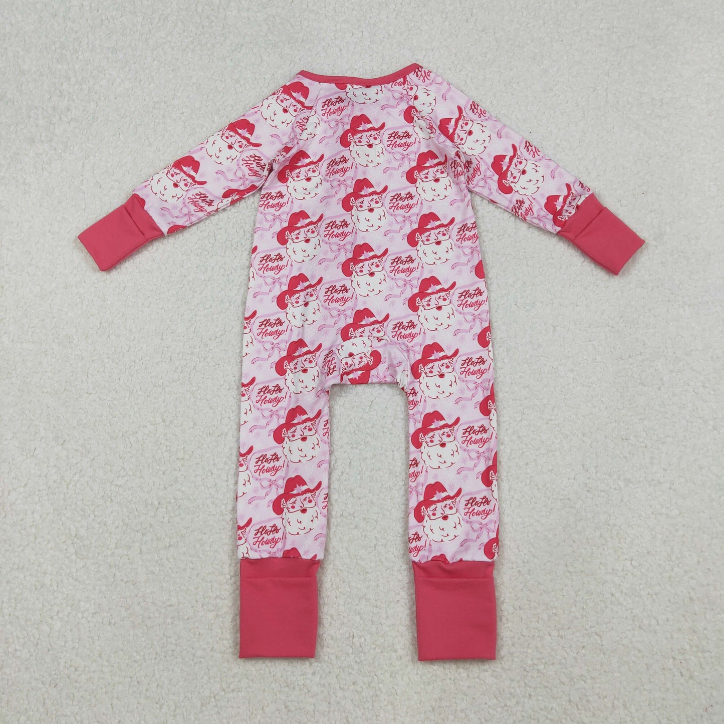 LR2243 Baby Girls Pink Santa Howdy Christmas Western Zipper Footed Rompers