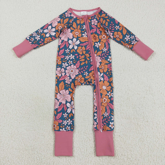 LR2244 baby girls pink flowers footie zip rompers