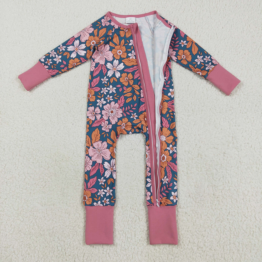 LR2244 baby girls pink flowers footie zip rompers