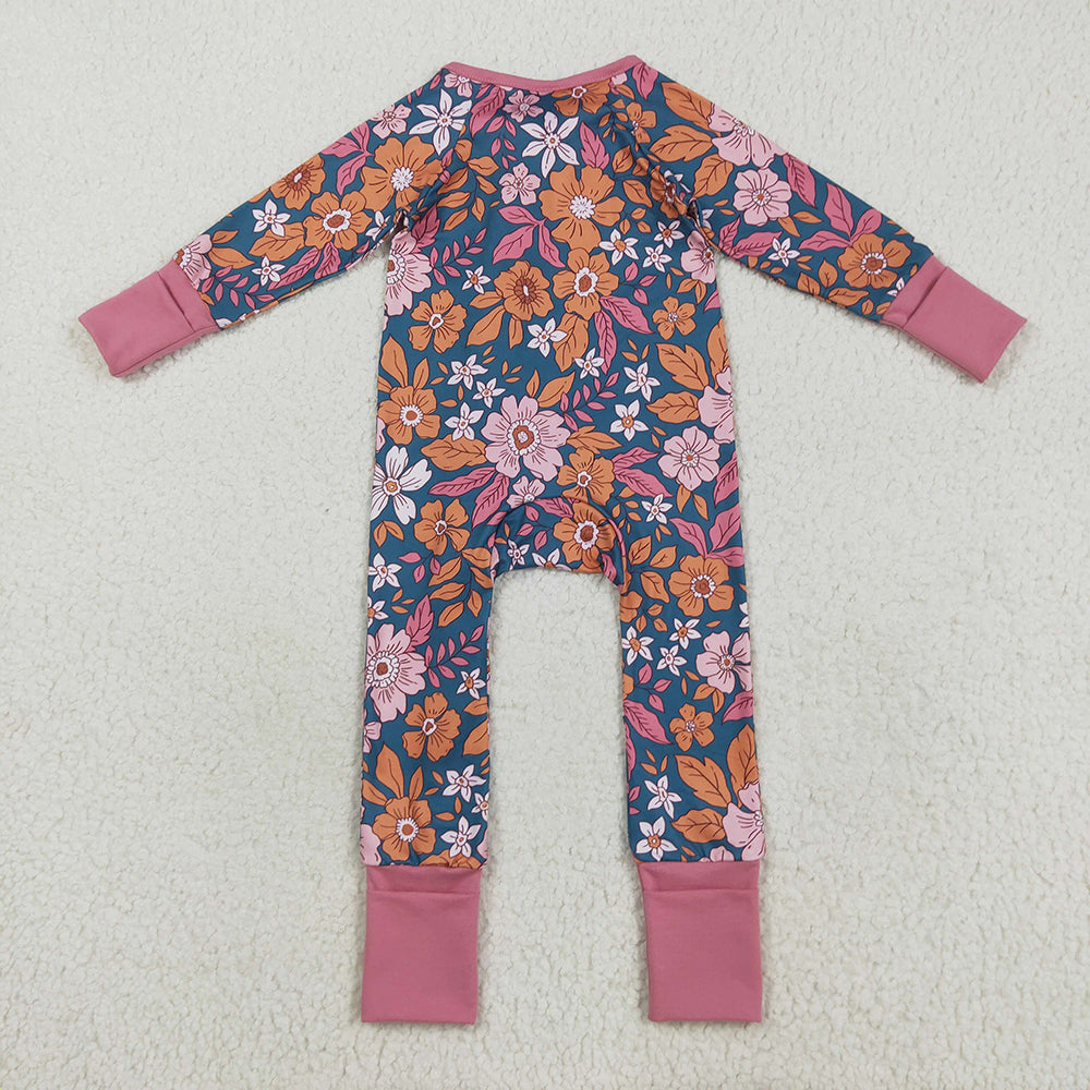 LR2244 baby girls pink flowers footie zip rompers