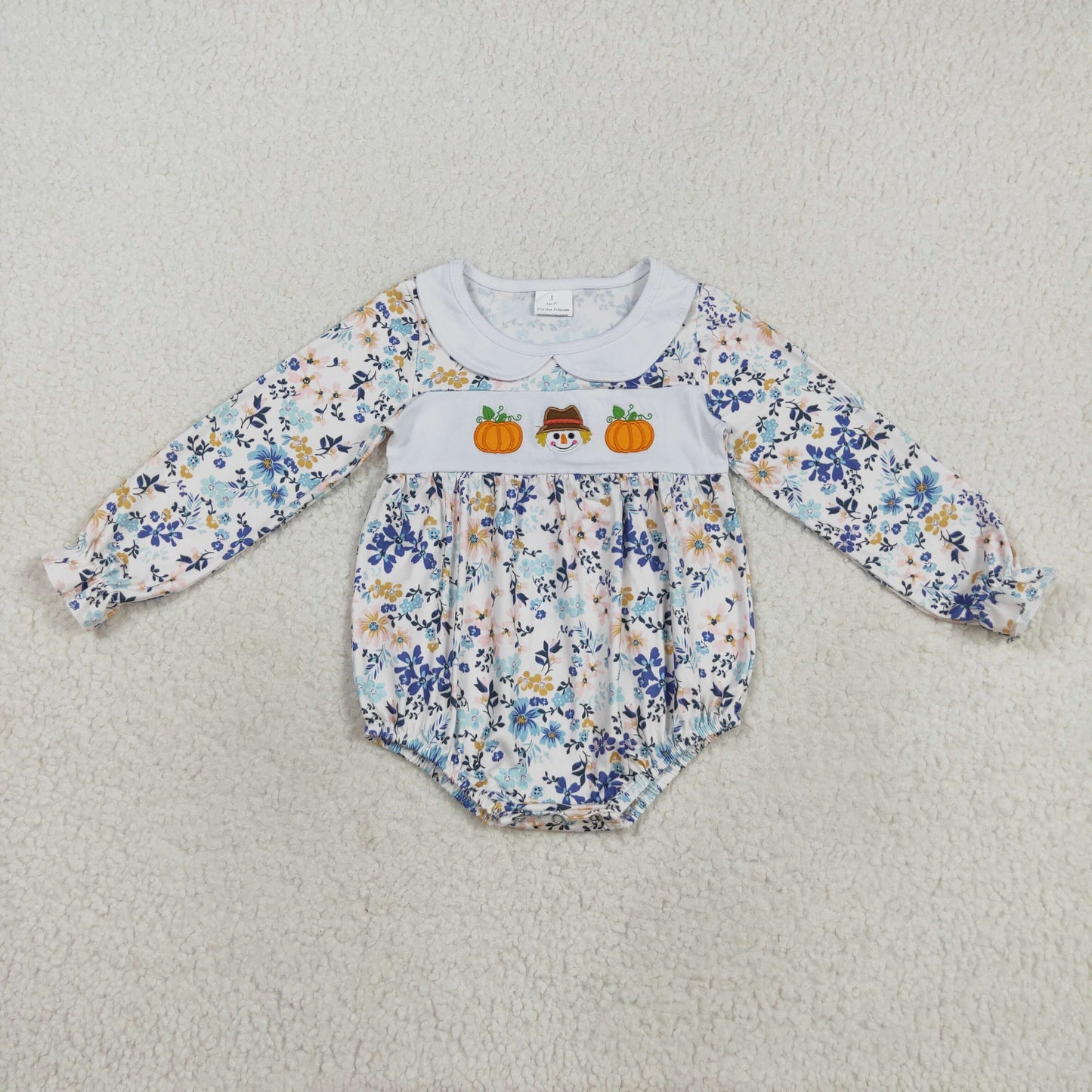 LR2246 Baby Girls Blue Floral Embroidery Pumpkins Scarecrow Fall Collar Rompers