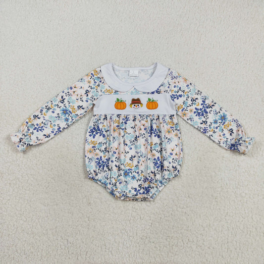 LR2246 Baby Girls Blue Floral Embroidery Pumpkins Scarecrow Fall Collar Rompers