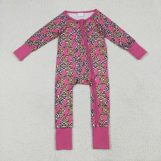 LR2250 baby girls western leopard lightening footie zip rompers
