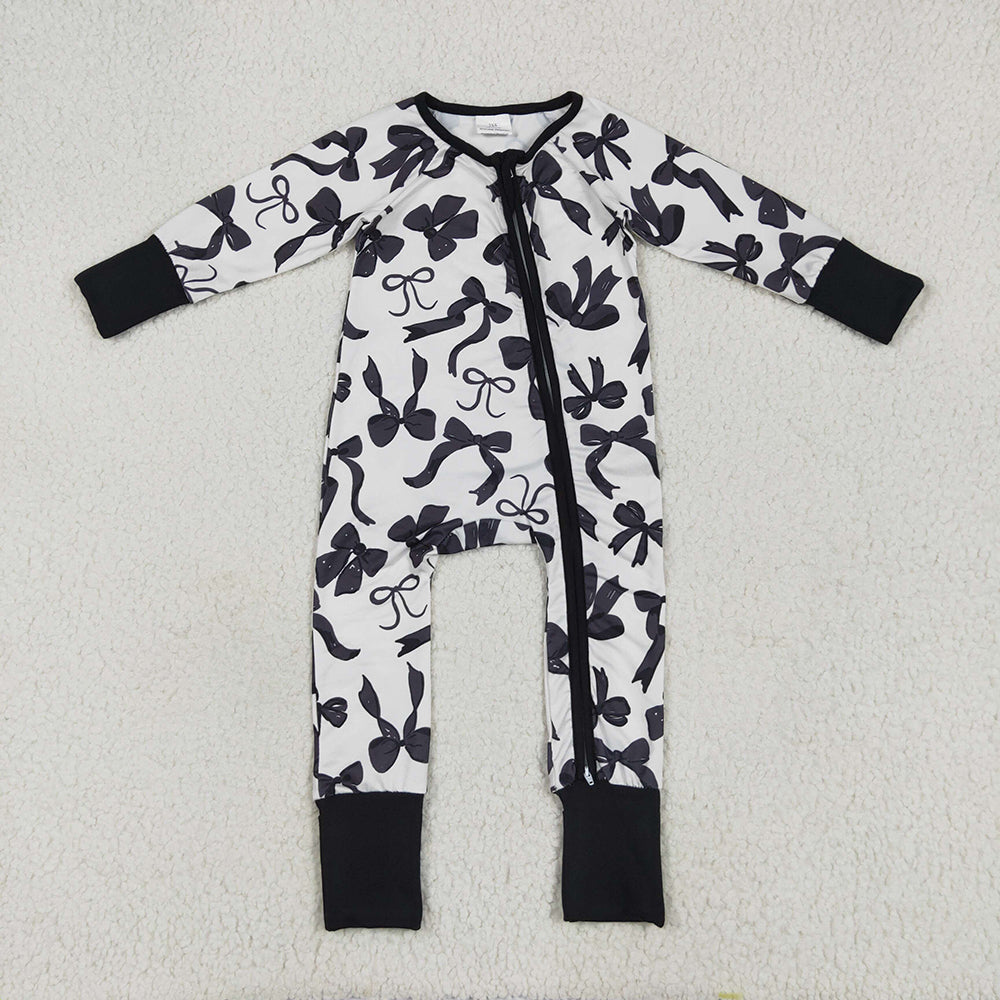LR2253 baby girls black bows footie zip rompers