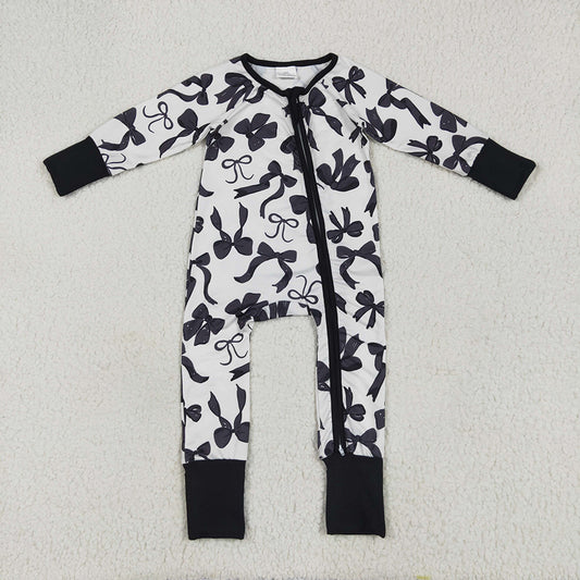 LR2253 baby girls black bows footie zip rompers