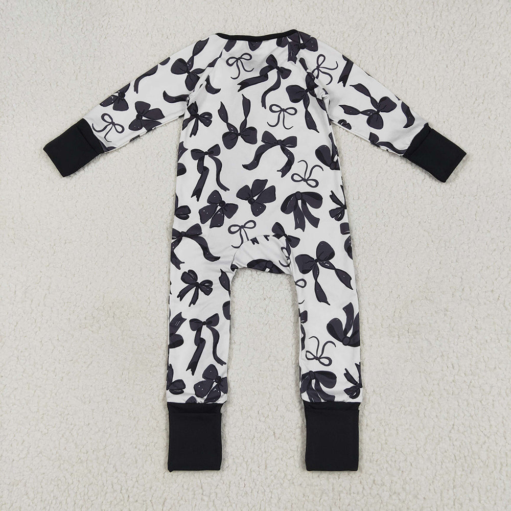 LR2253 baby girls black bows footie zip rompers