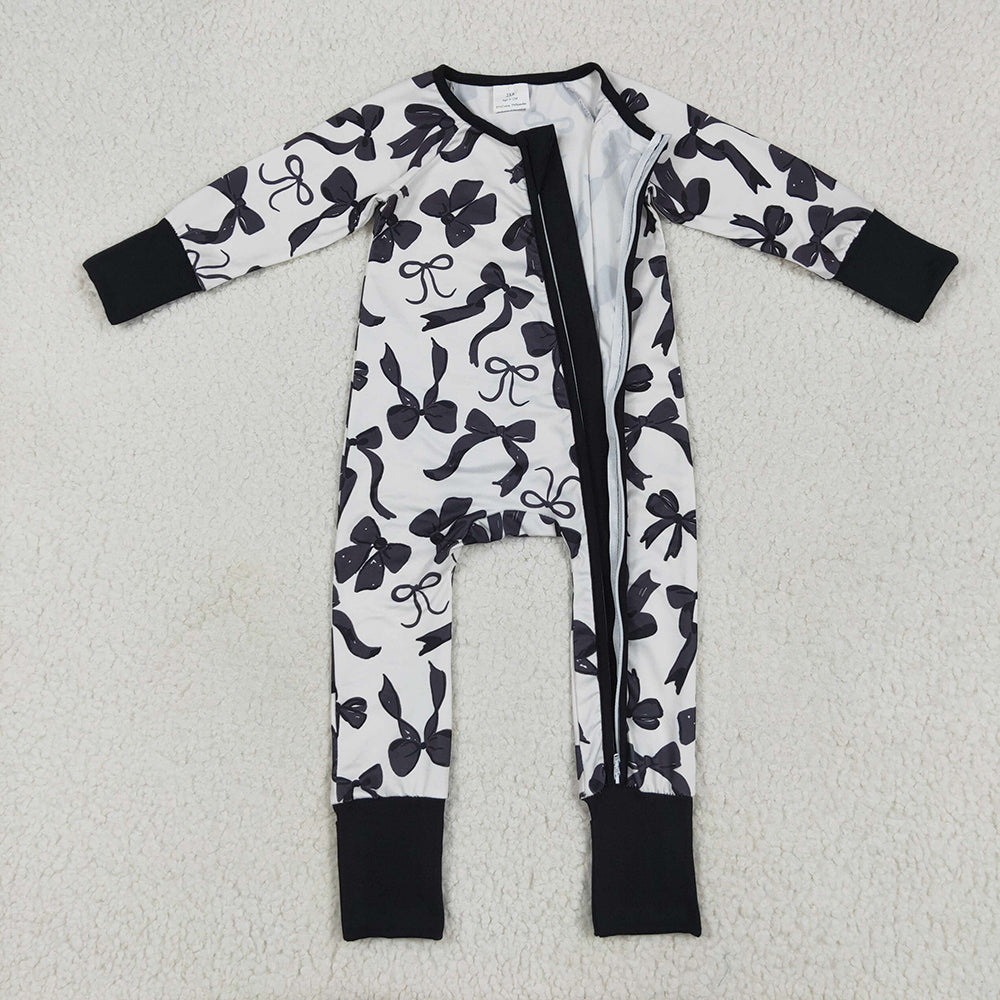 LR2253 baby girls black bows footie zip rompers