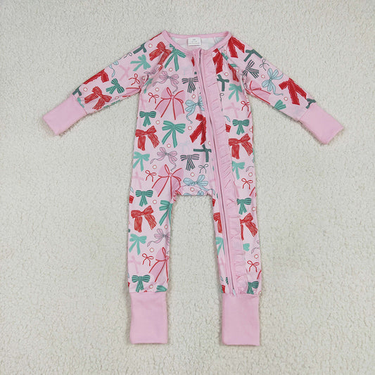 LR2266 baby girls pink bows ruffle footie zip rompers