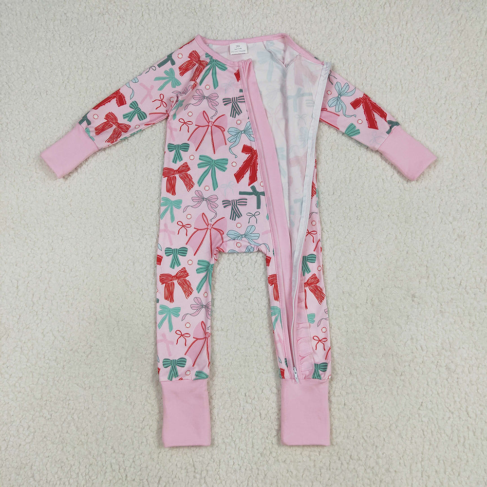 LR2266 baby girls pink bows ruffle footie zip rompers