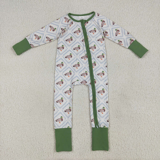 LR2269 baby boys green mallard ducks footie zip rompers