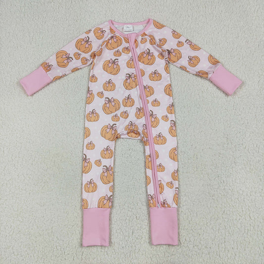 LR2271 baby girls pink pumpkins bows footie zip rompers