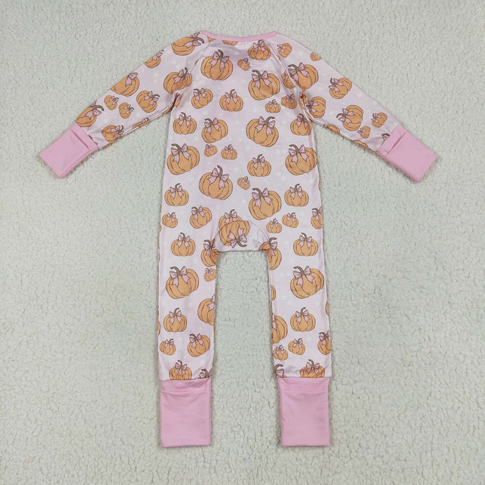 LR2271 baby girls pink pumpkins bows footie zip rompers