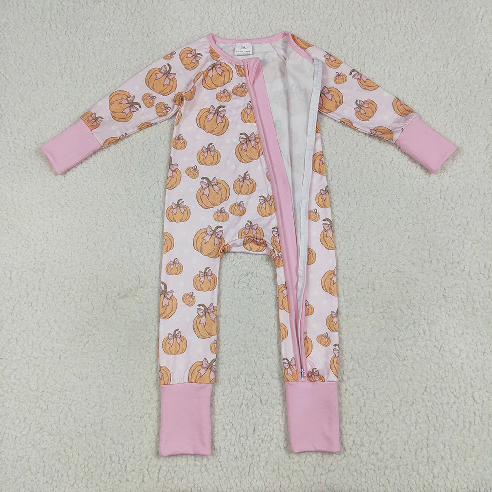 LR2271 baby girls pink pumpkins bows footie zip rompers