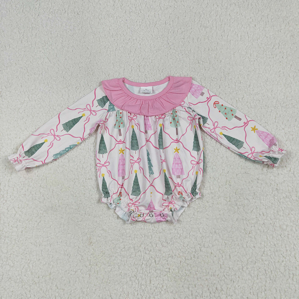LR2275 baby girls Christmas pink trees long sleeve rompers