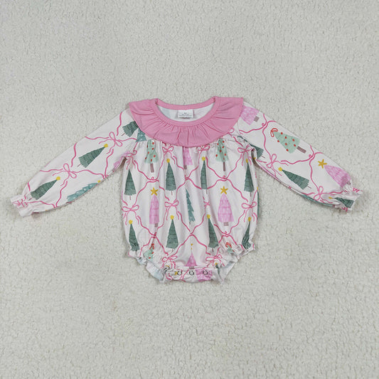 LR2275 baby girls Christmas pink trees long sleeve rompers