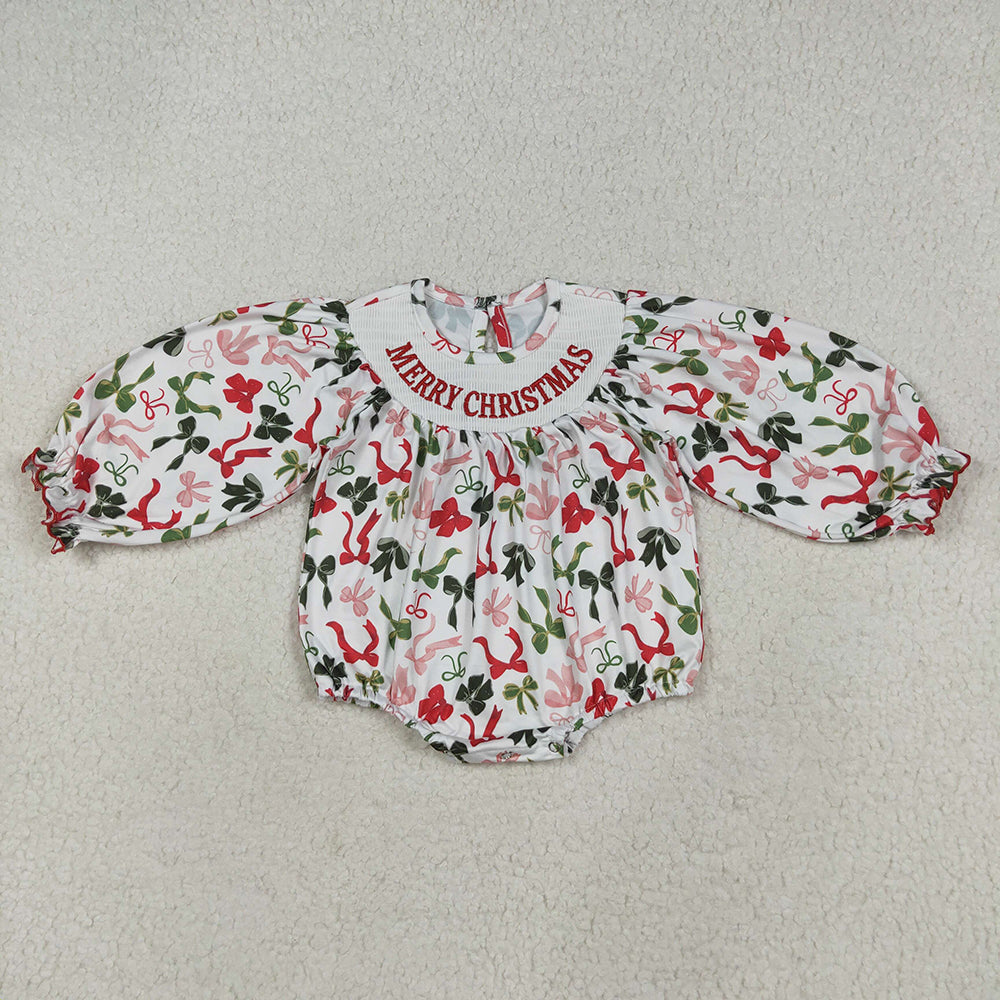 LR2276 Smocked Baby girls Merry Christmas Bows rompers