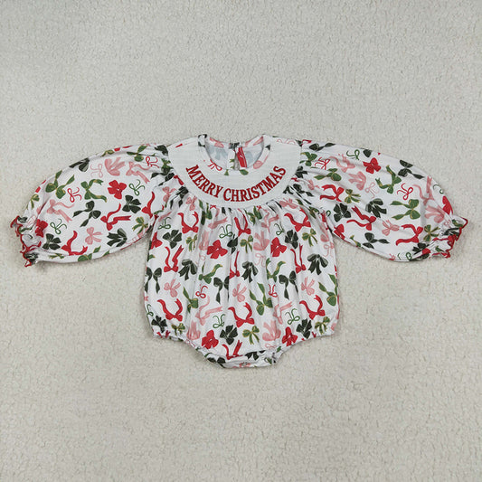 LR2276 Smocked Baby girls Merry Christmas Bows rompers