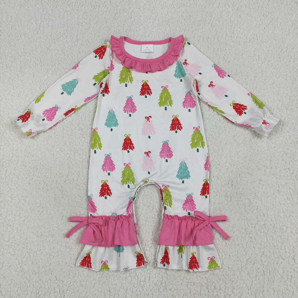 Sibling Baby Girls Christmas Bows Trees Rompers Outfits Sets